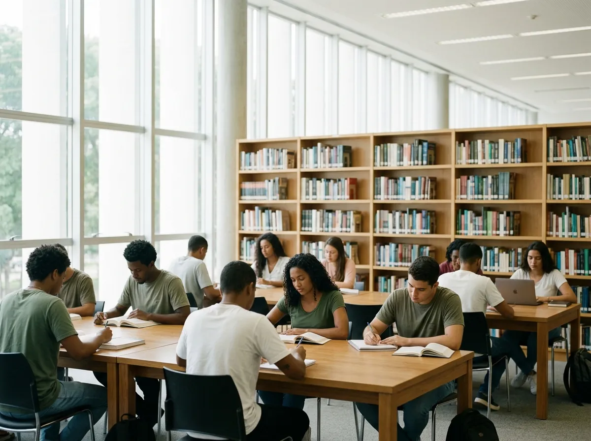 Biblioteca com estudantes lendo